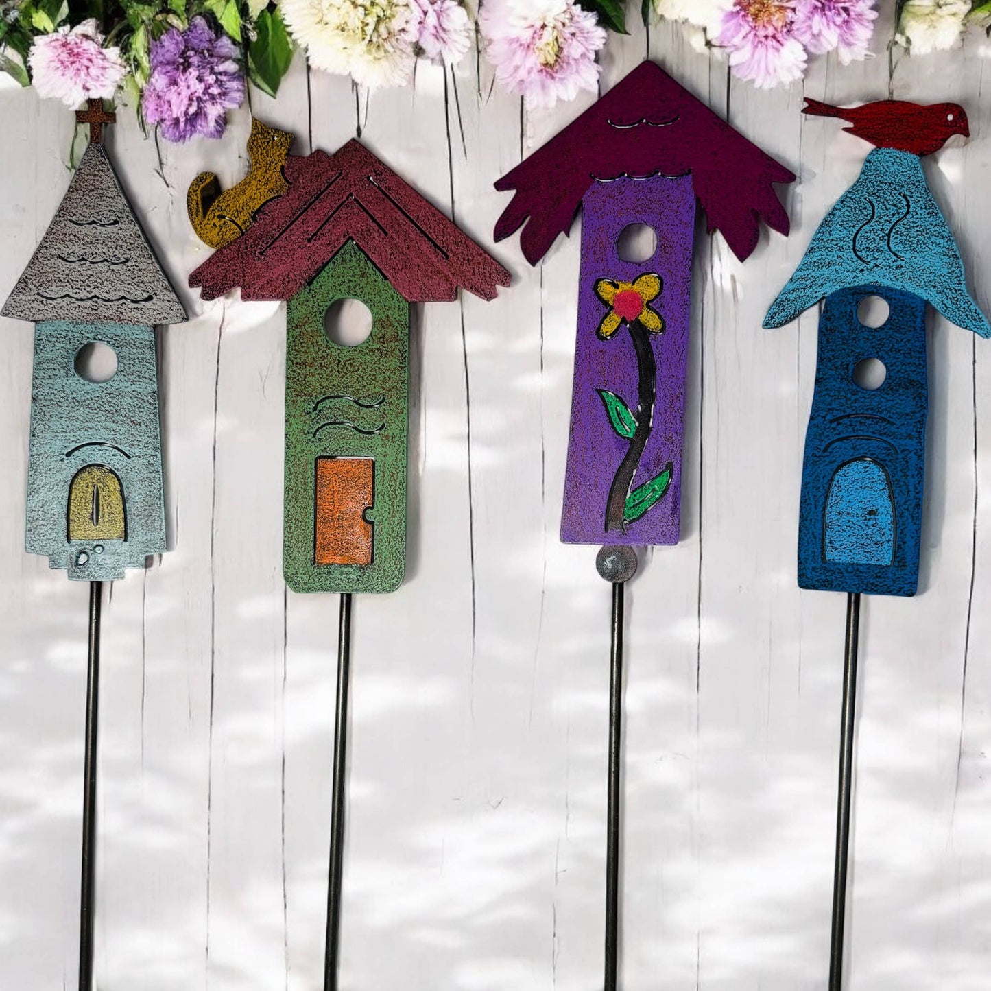Birdhouse Plant Stake Cat Garden Stake Church flower metal