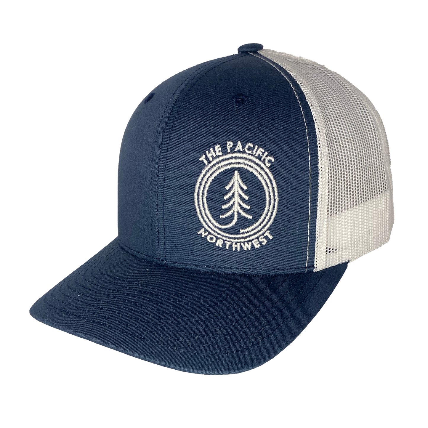 Circle Tree Curved Bill Trucker Hat: LIGHT GREY-BLACK