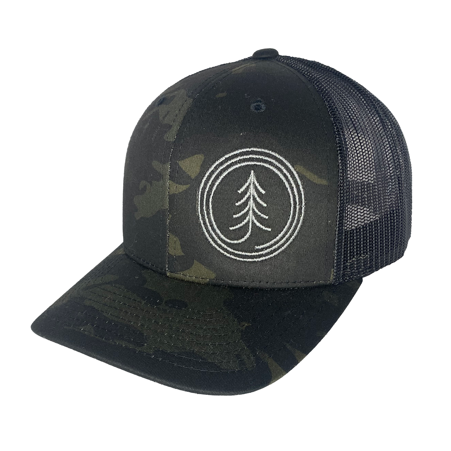 Circle Tree Curved Bill Trucker Hat: LIGHT GREY-BLACK
