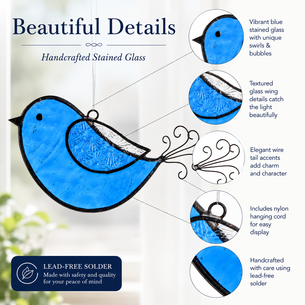 Red & Blue Stained Glass Bird Ornaments | ORN 310: Blue