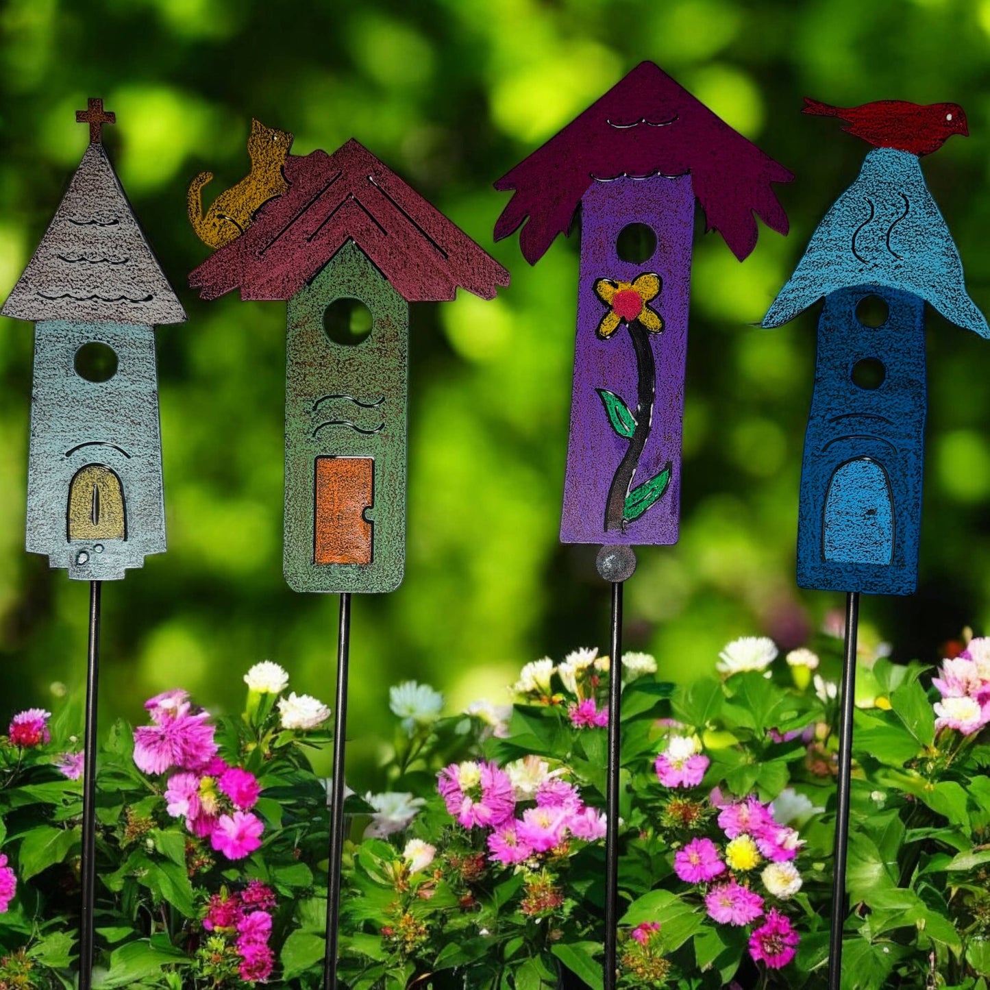 Birdhouse Plant Stake Cat Garden Stake Church flower metal