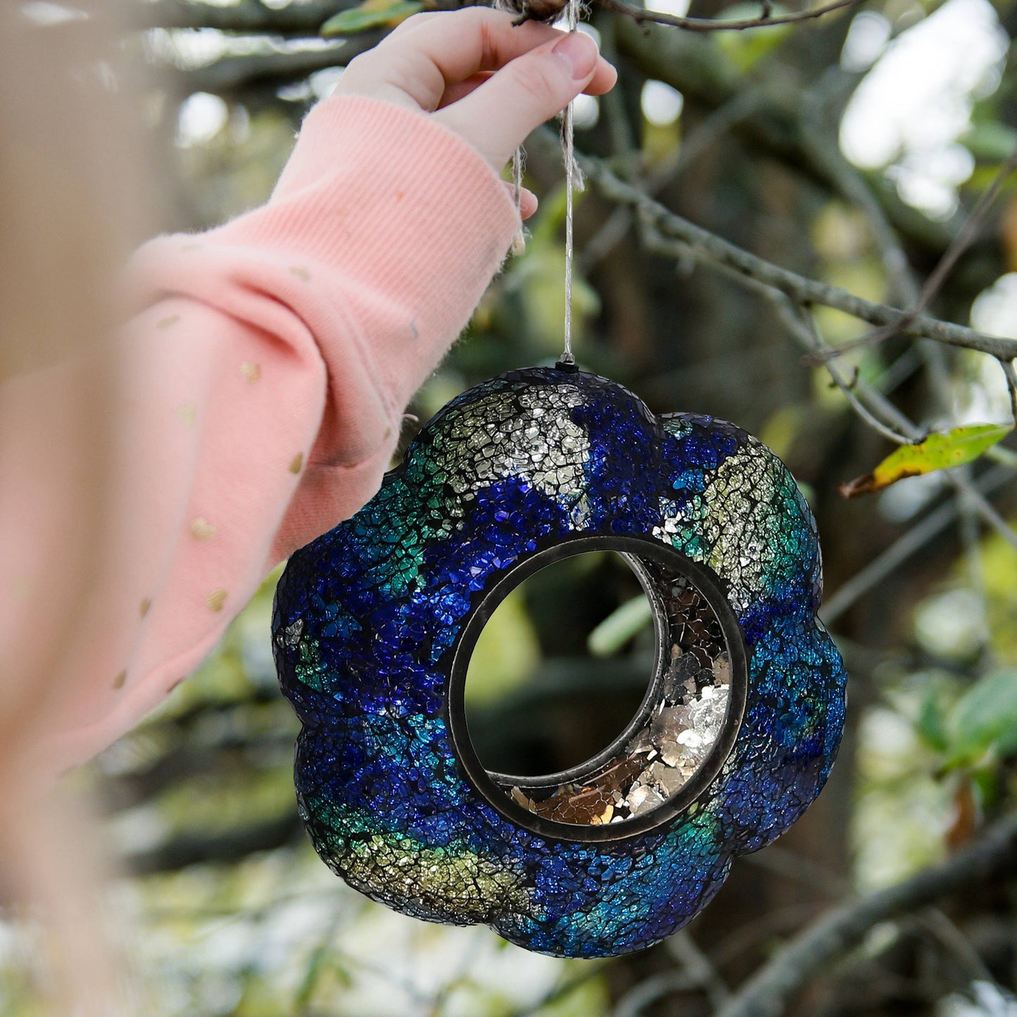 Glass Indigo Flower Mosaic Fly-Through Hanging Bird Feeder