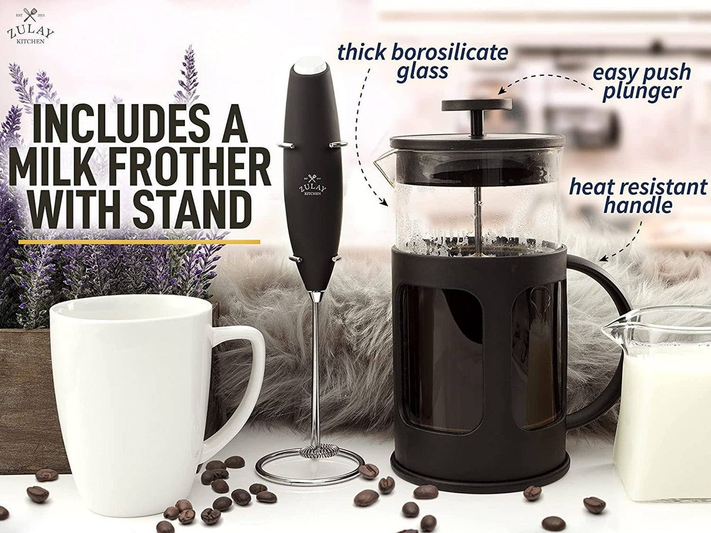 Premium French Press Coffee Pot and Milk Frother Set