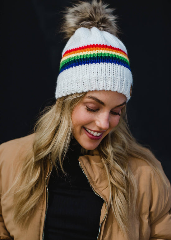 Load image into Gallery viewer, White &amp;amp; Rainbow Striped Pom Hat
