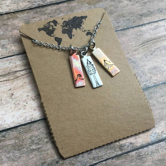 Nature mixed metal charm necklace, waves, mountains, tree