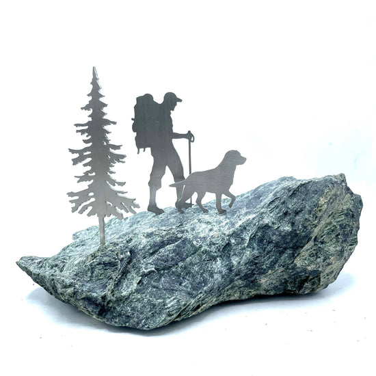 Hiking Sculpture Serpentine Base With Stainless Steel Dog Hiker And Tree