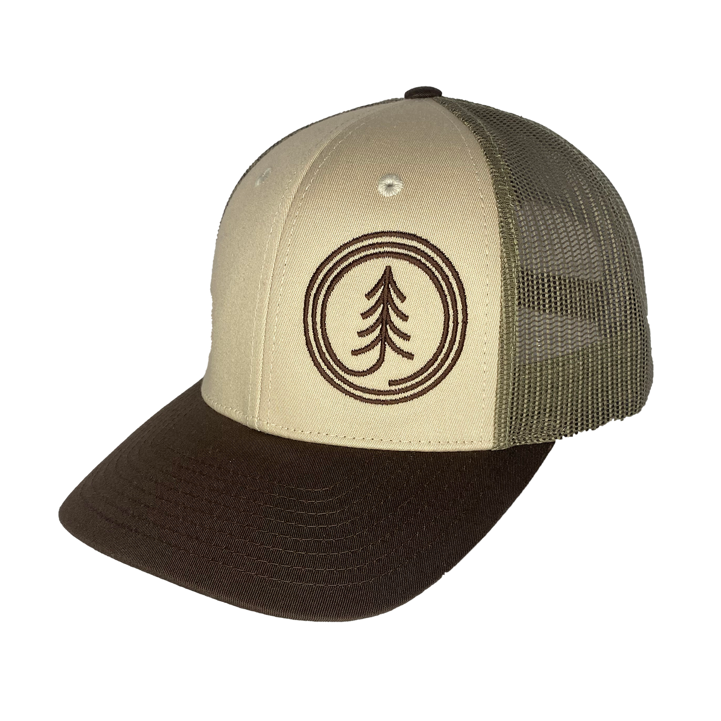 Circle Tree Curved Bill Trucker Hat: LIGHT GREY-BLACK