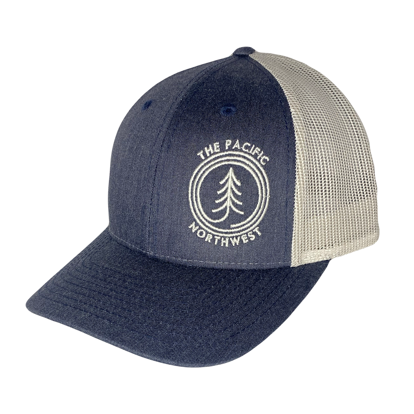 Circle Tree Curved Bill Trucker Hat: LIGHT GREY-BLACK