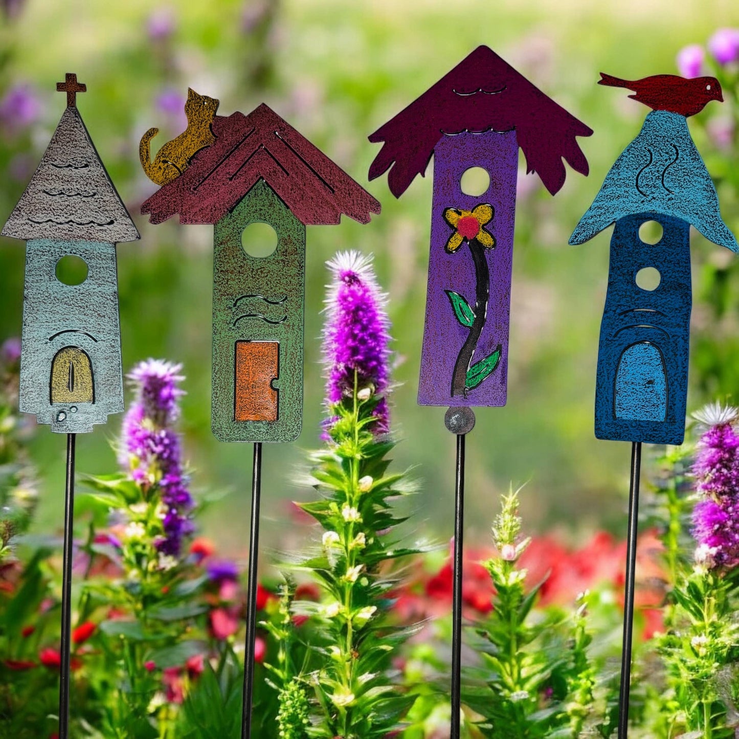 Birdhouse Plant Stake Cat Garden Stake Church flower metal