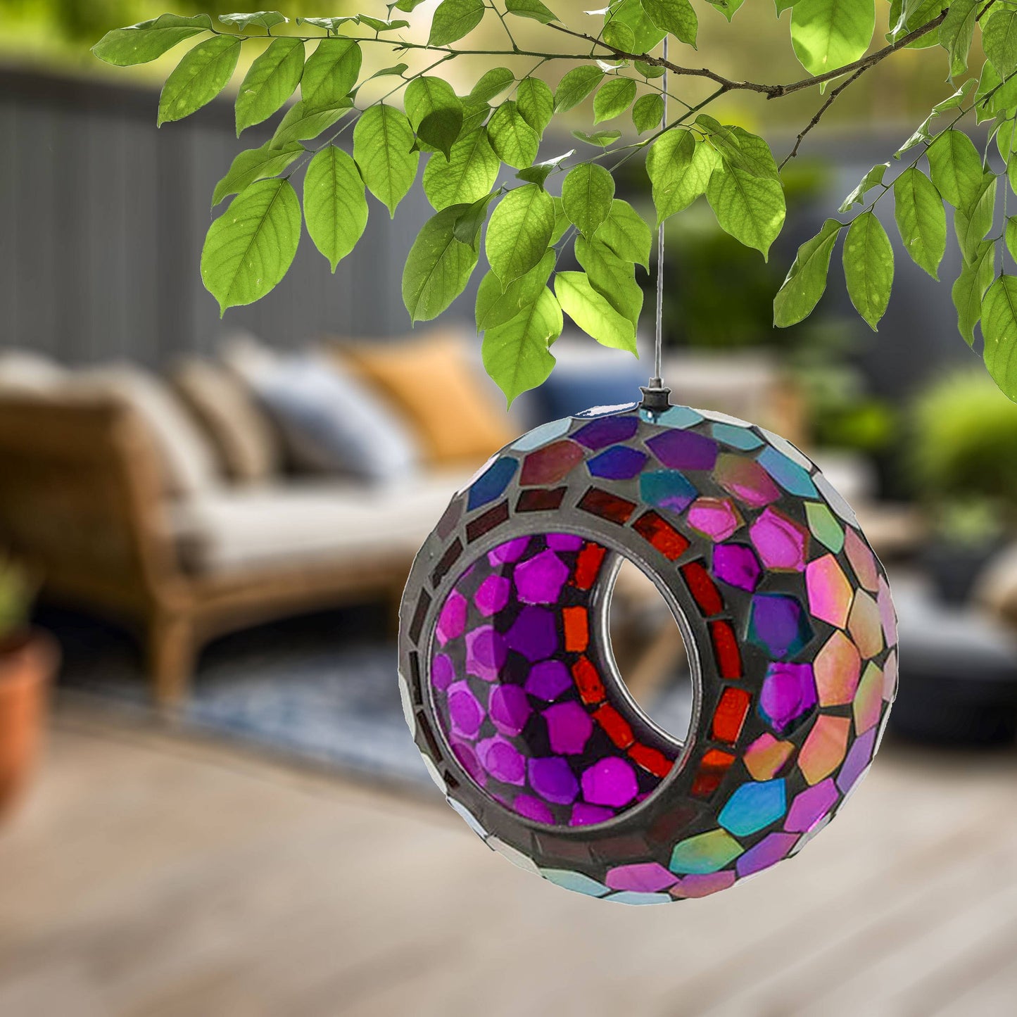 Round Mosaic Fly-Through Hanging Bird Feeder - 6 in - Purple