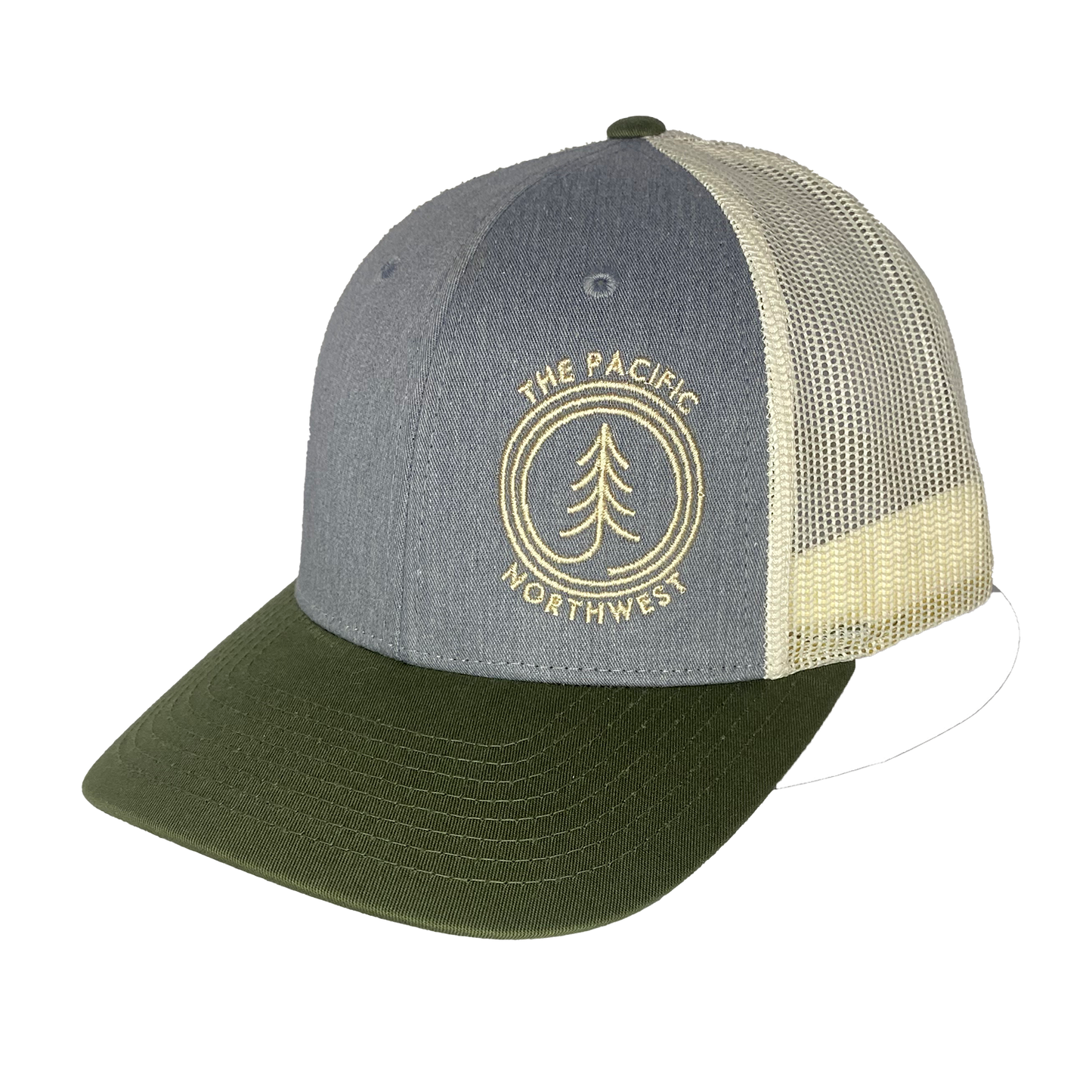 Circle Tree Curved Bill Trucker Hat: LIGHT GREY-BLACK