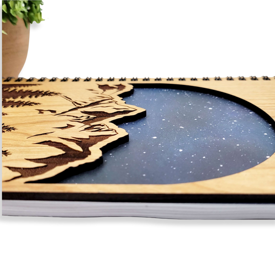 Load image into Gallery viewer, Starry mountains wood journal - stationery, journals: Blank
