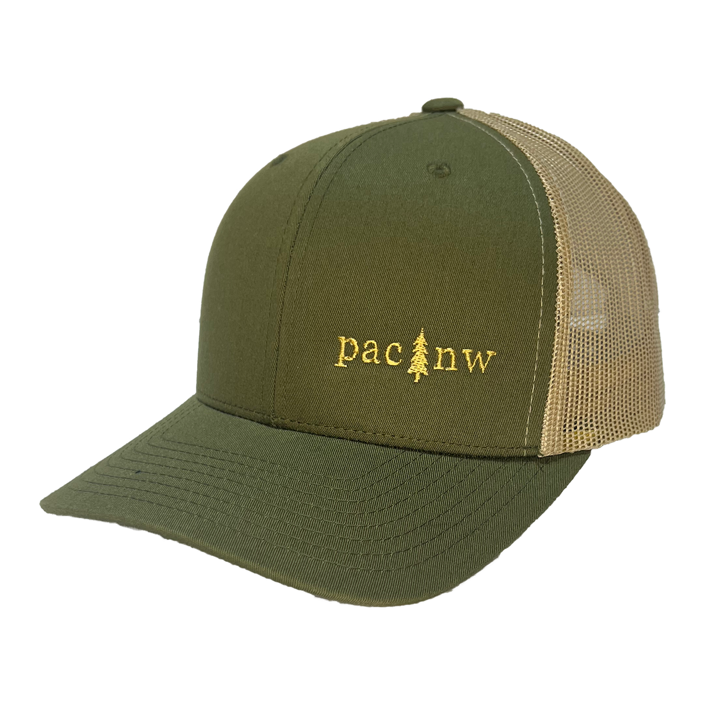 Pac NW Tree Curved Bill Trucker Cap: Camo Black