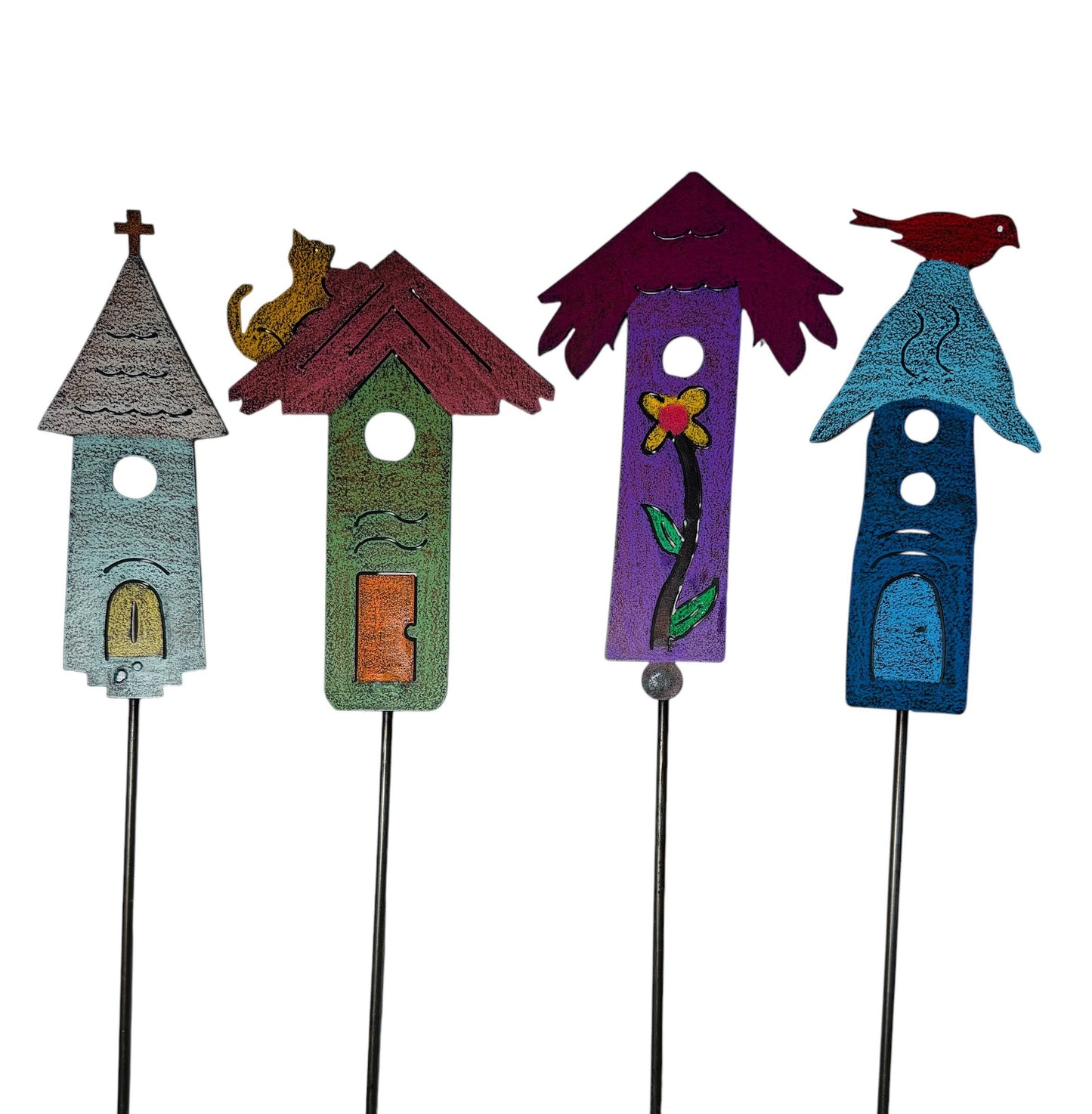 Birdhouse Plant Stake Cat Garden Stake Church flower metal