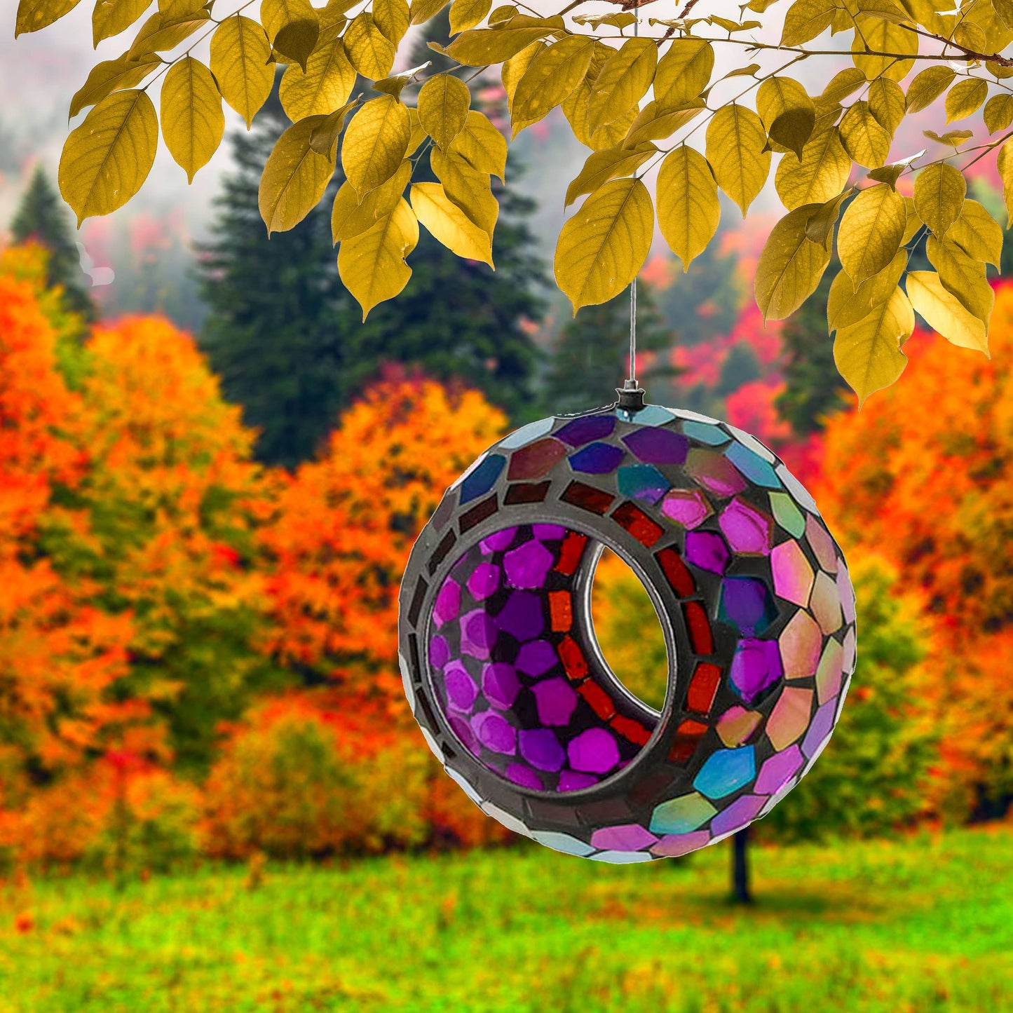 Round Mosaic Fly-Through Hanging Bird Feeder - 6 in - Purple