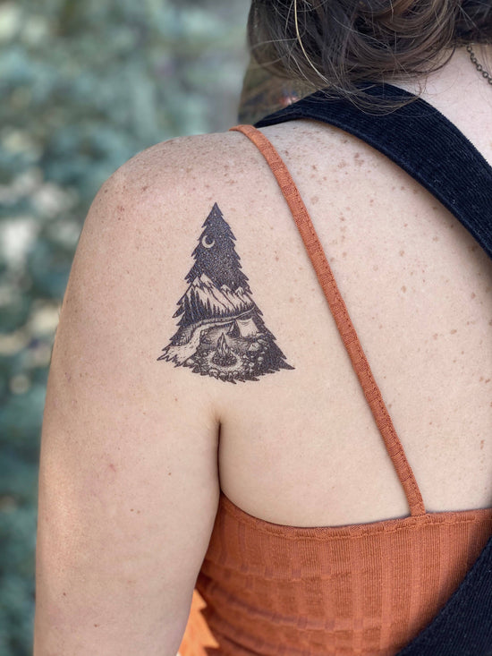 Load image into Gallery viewer, Mountain Camping Temporary Tattoo: 1-Pack

