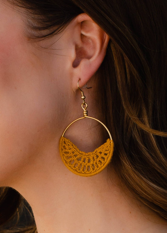 Load image into Gallery viewer, Gold &amp;amp; Mustard Crochet Hoops
