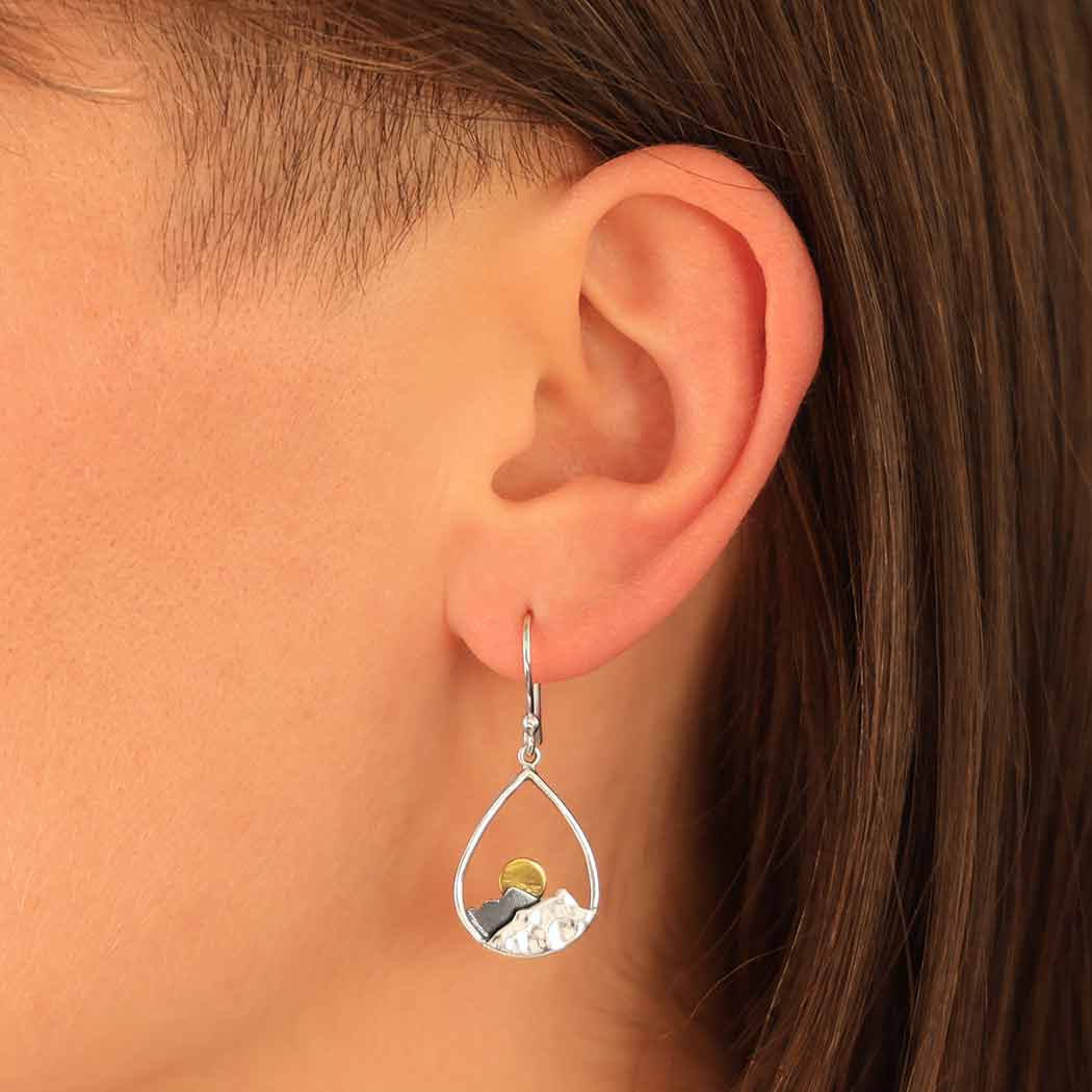 Silver Mountain Teardrop Earrings with Bronze Sun 35x15mm
