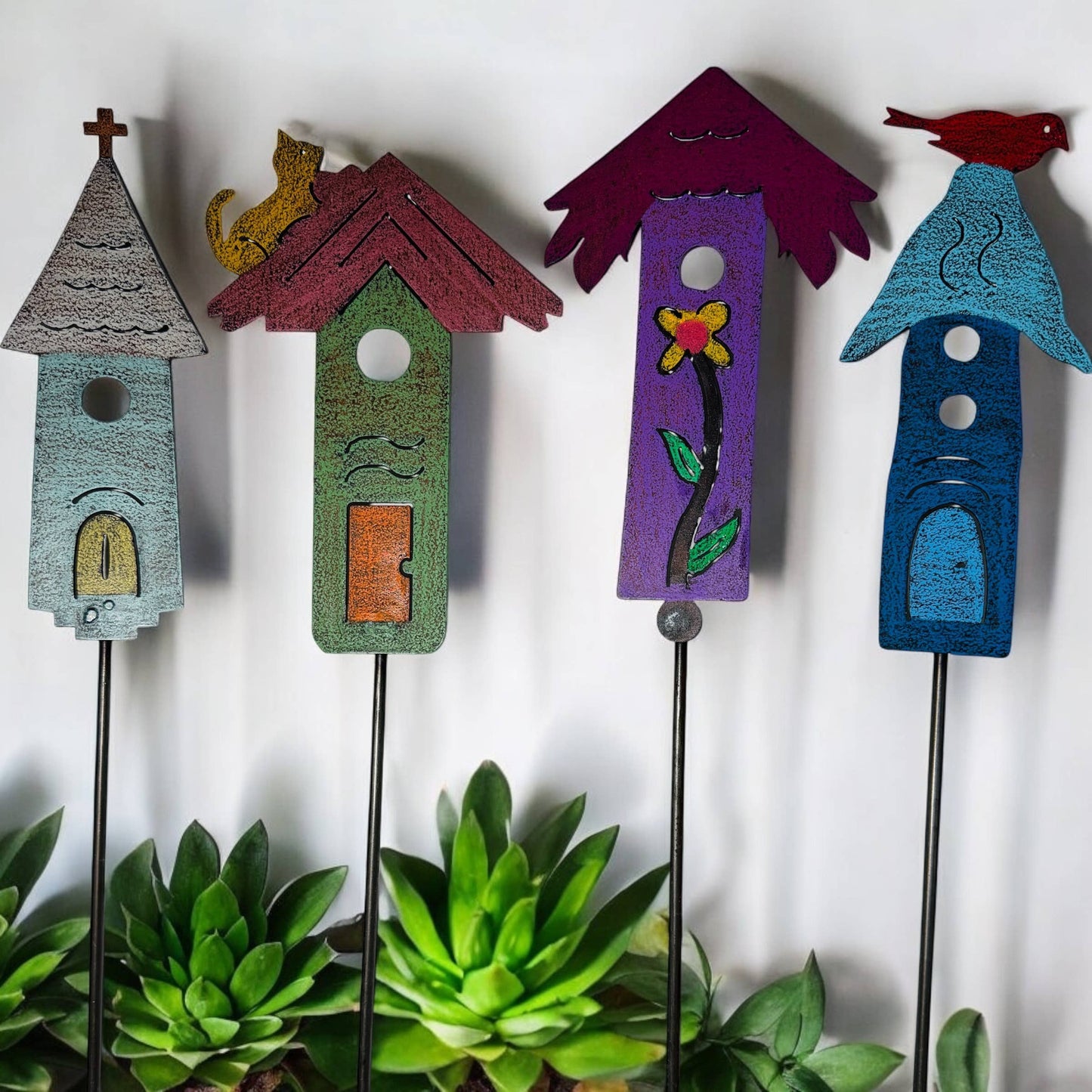 Birdhouse Plant Stake Cat Garden Stake Church flower metal