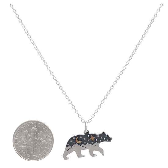 Sterling Silver 18 Inch Bear Charm Necklace with Bronze Moon