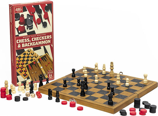 Wooden Chess, Checkers & Backgammon - Portable Three in One Combination Game Set - Checkers, Chess & Backgammon Set