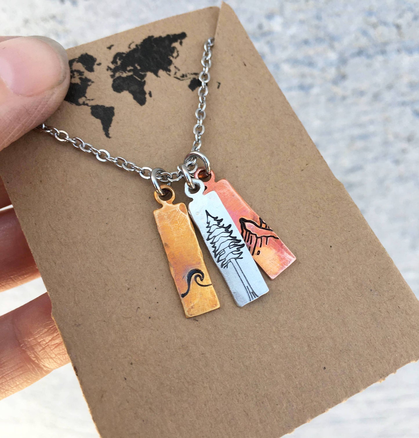 Nature mixed metal charm necklace, waves, mountains, tree