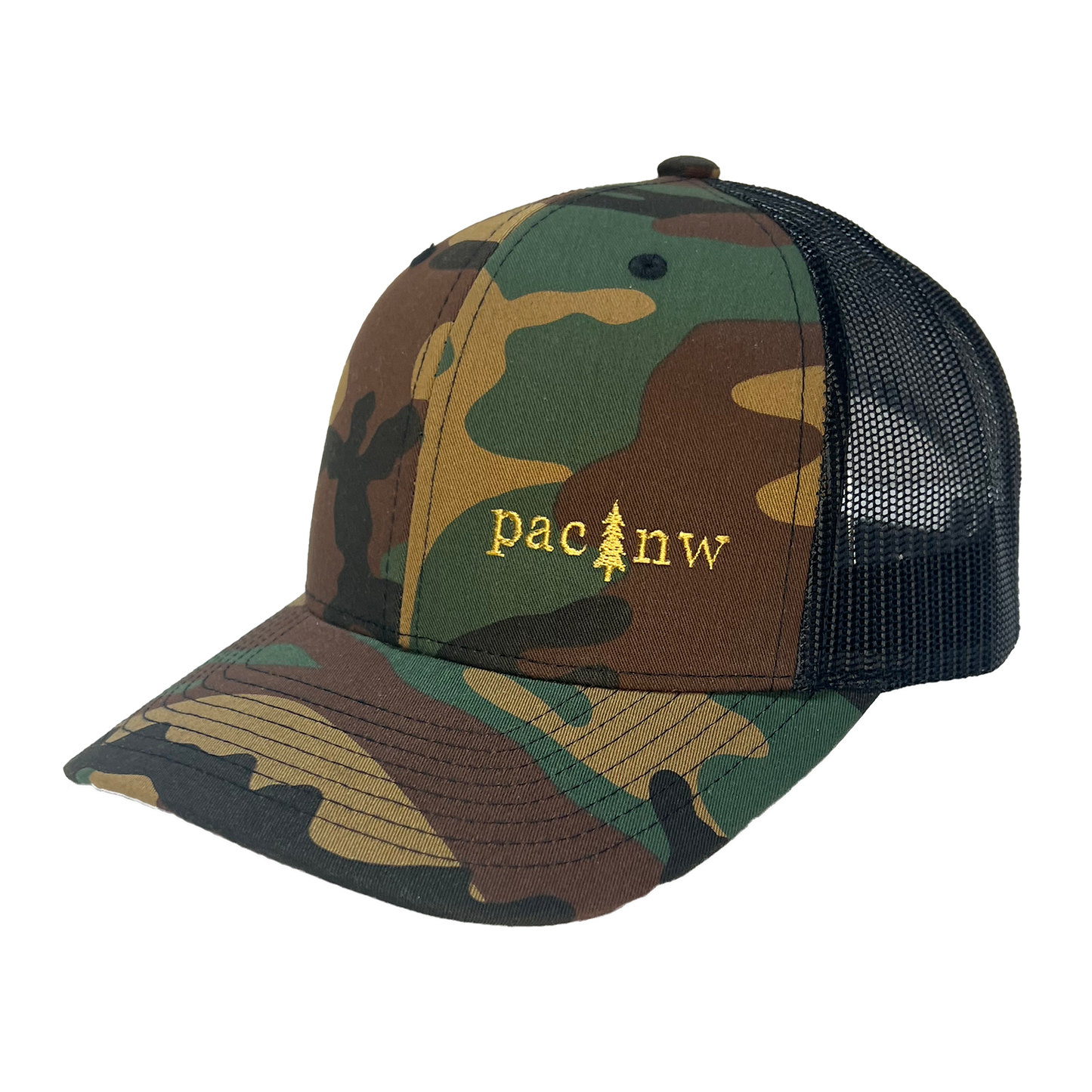 Pac NW Tree Curved Bill Trucker Cap: Camo Black
