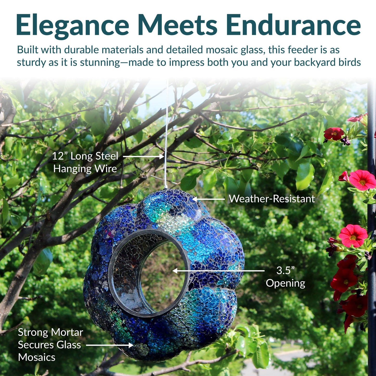 Glass Indigo Flower Mosaic Fly-Through Hanging Bird Feeder