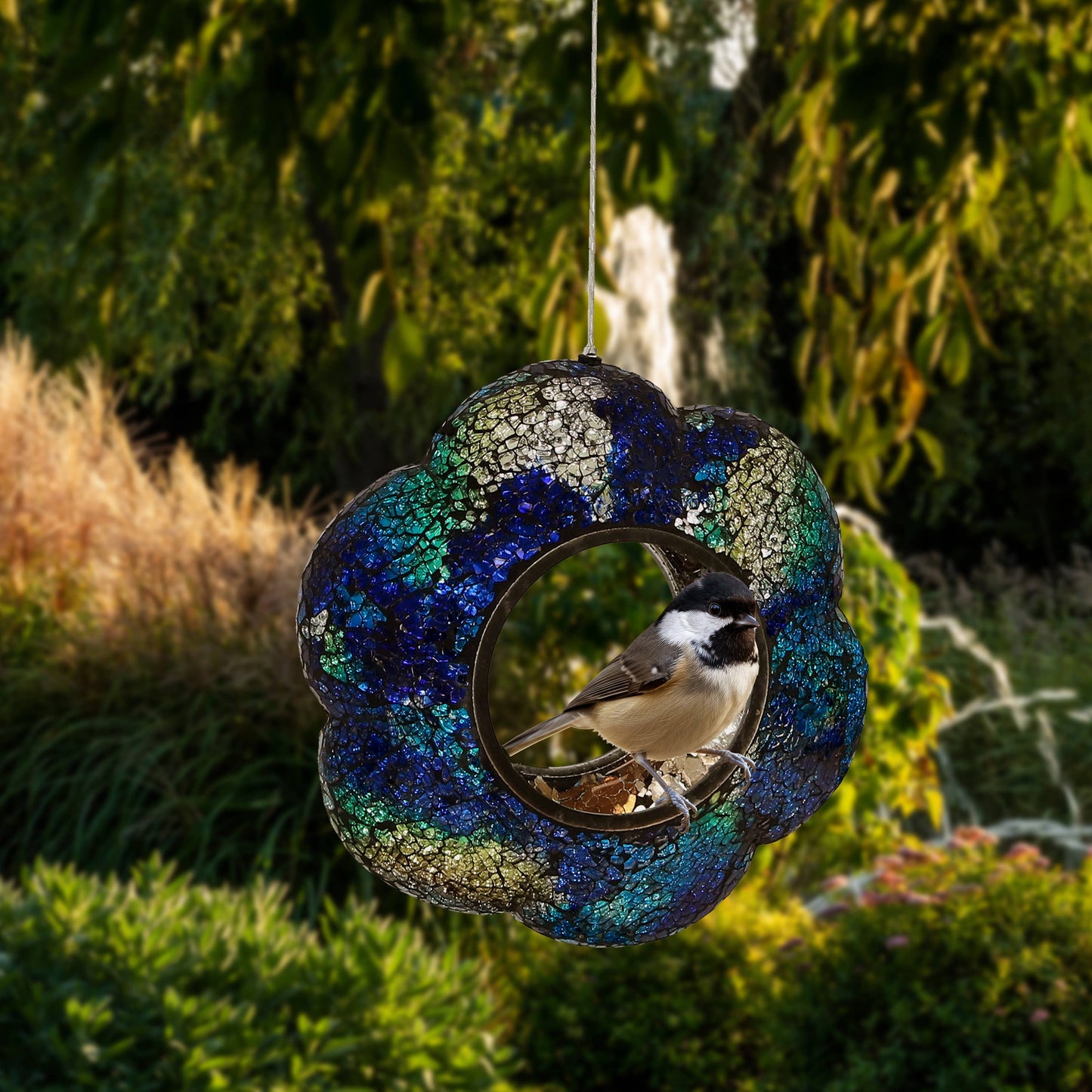 Glass Indigo Flower Mosaic Fly-Through Hanging Bird Feeder