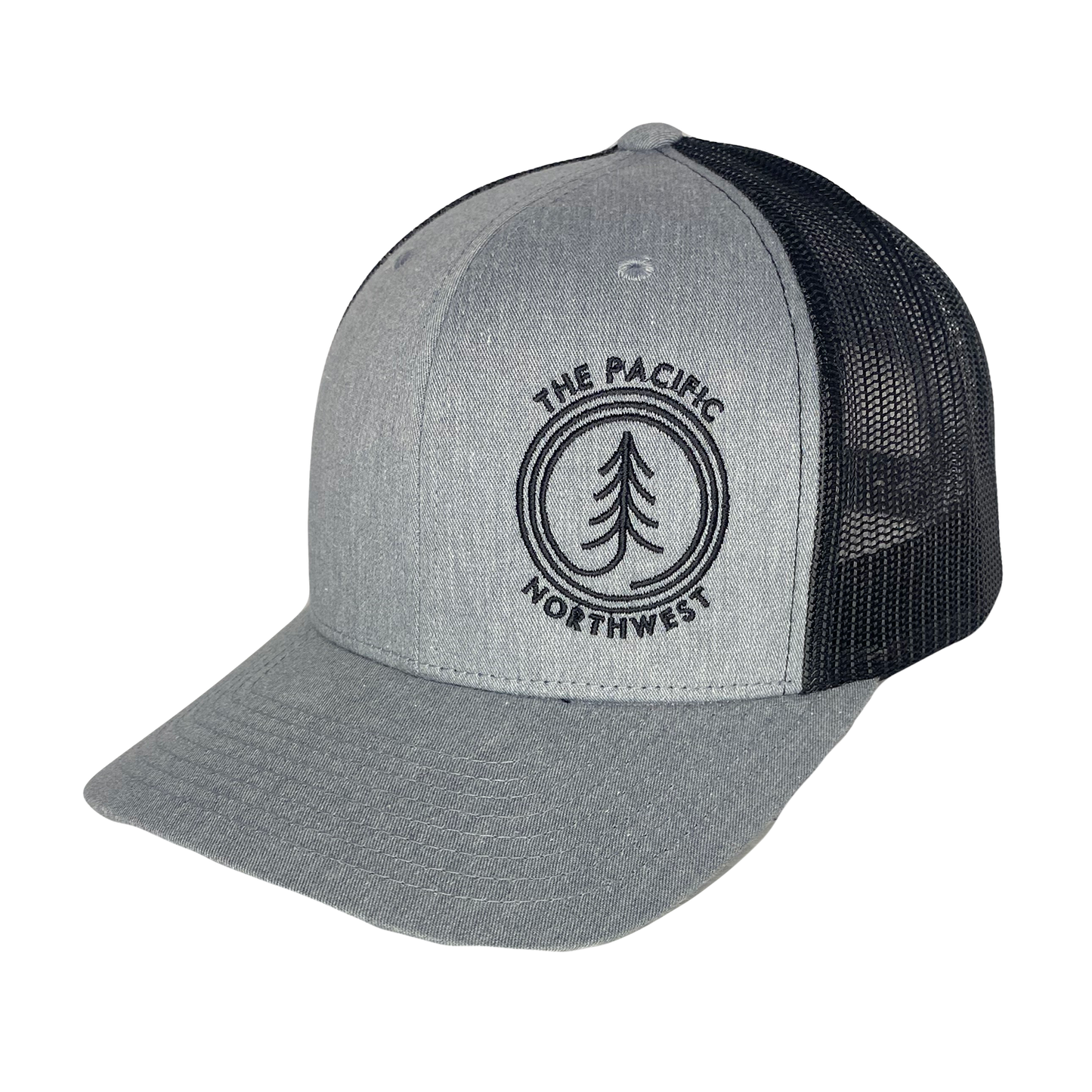 Circle Tree Curved Bill Trucker Hat: LIGHT GREY-BLACK