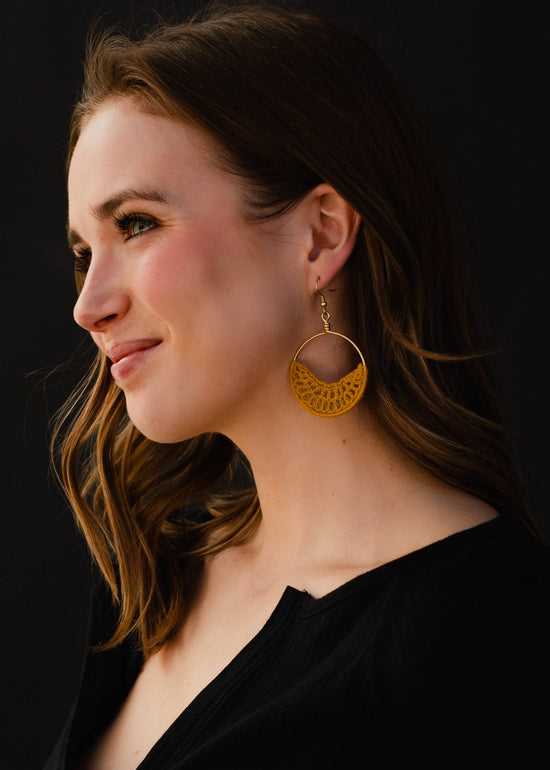 Load image into Gallery viewer, Gold &amp;amp; Mustard Crochet Hoops
