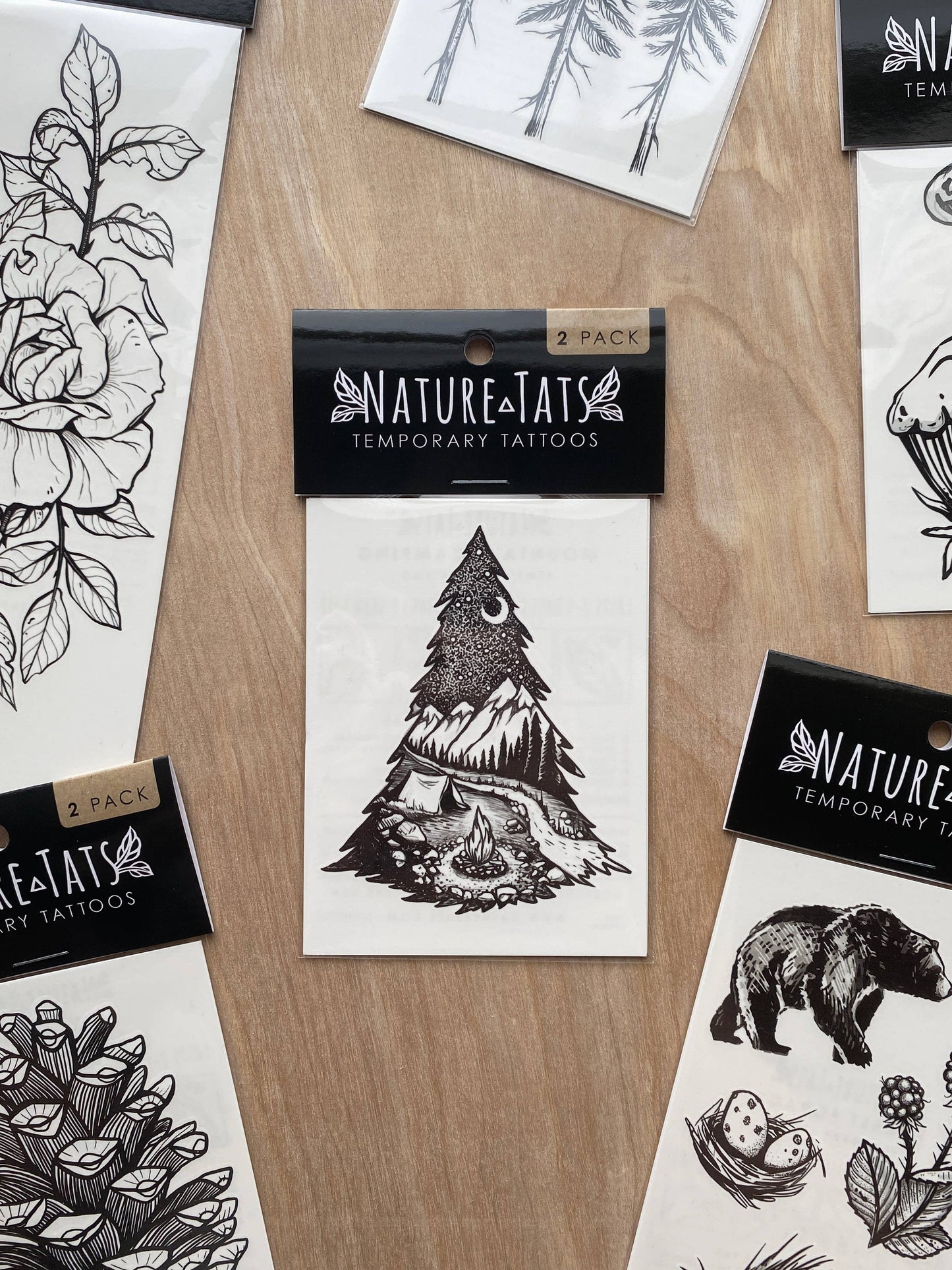 Load image into Gallery viewer, Mountain Camping Temporary Tattoo: 1-Pack
