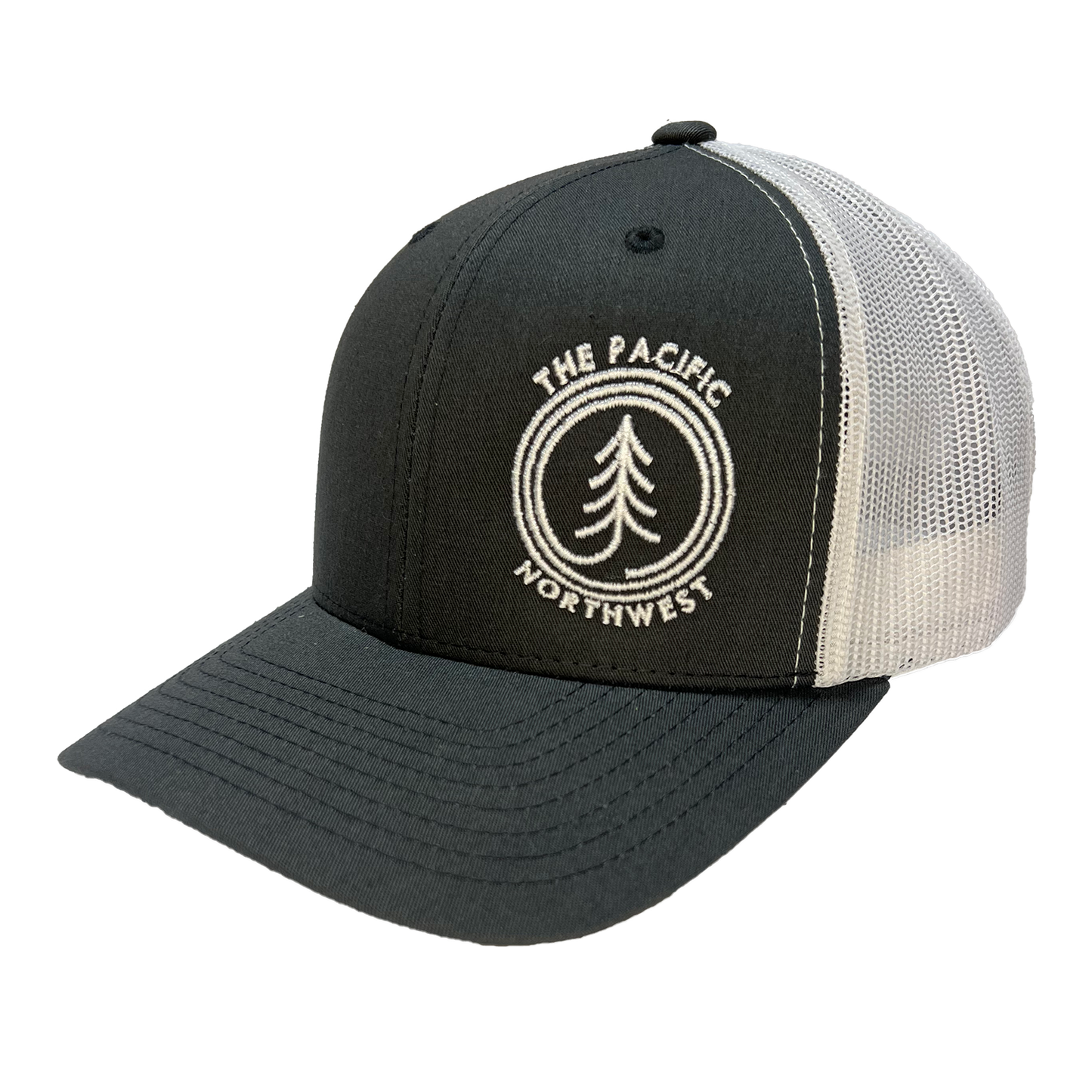 Circle Tree Curved Bill Trucker Hat: LIGHT GREY-BLACK