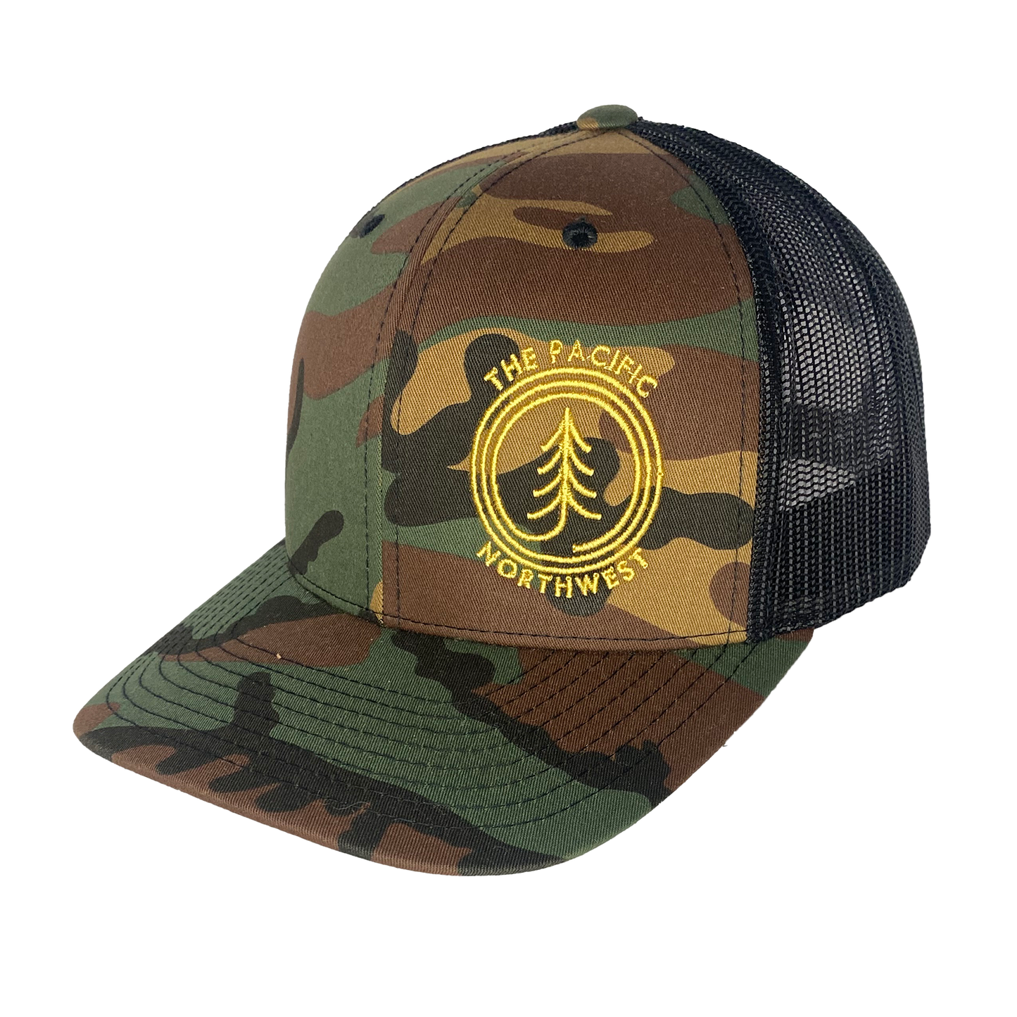 Circle Tree Curved Bill Trucker Hat: LIGHT GREY-BLACK
