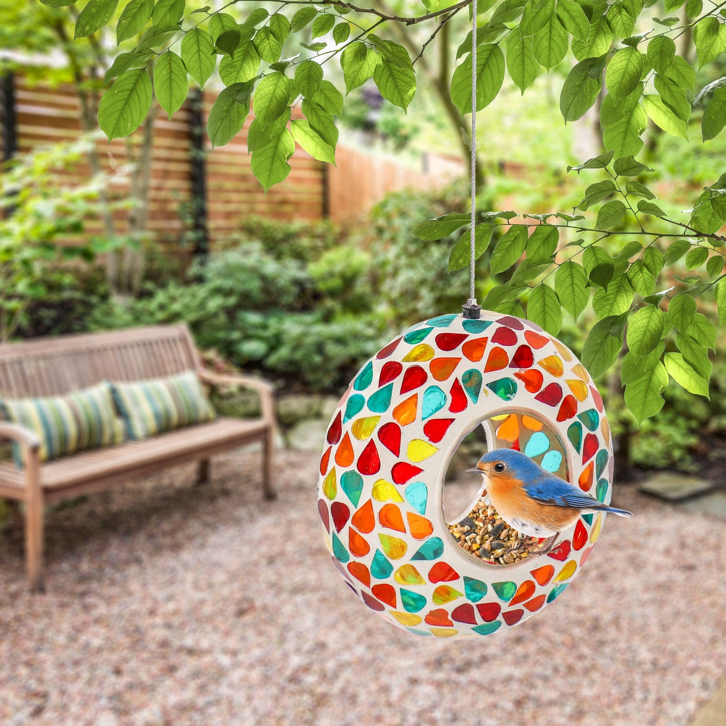 Glass Confetti Mosaic Fly-Through Hanging Bird Feeder - 6 in