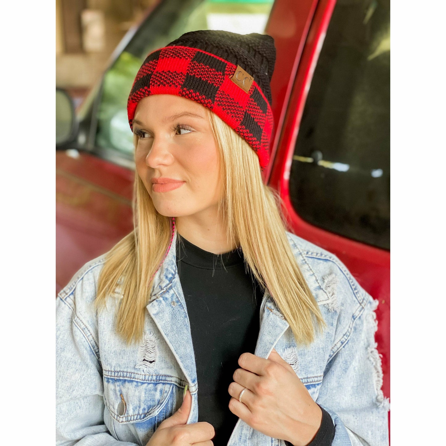 Load image into Gallery viewer, Buffalo Check Knit CC Beanie HAT82: Red/Black
