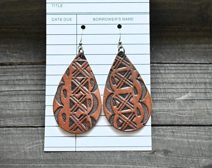 Dark Brown and Camel Embossed Pattern Leather Earrings | made from upcycled belt