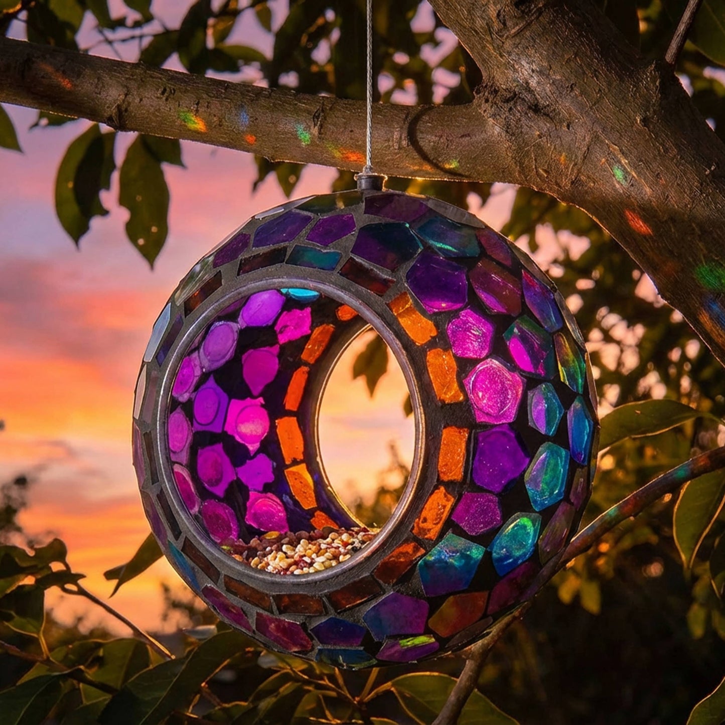 Round Mosaic Fly-Through Hanging Bird Feeder - 6 in - Purple