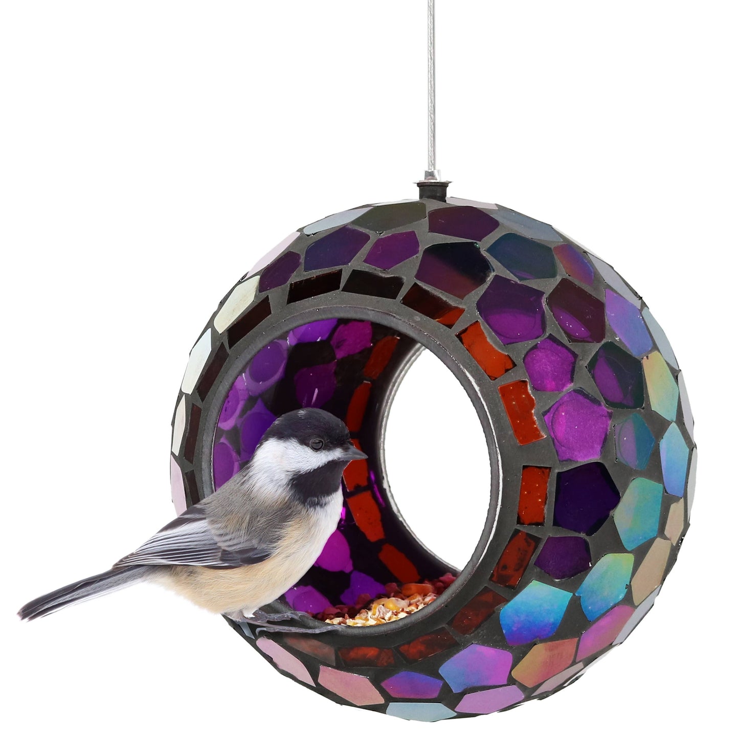 Round Mosaic Fly-Through Hanging Bird Feeder - 6 in - Purple