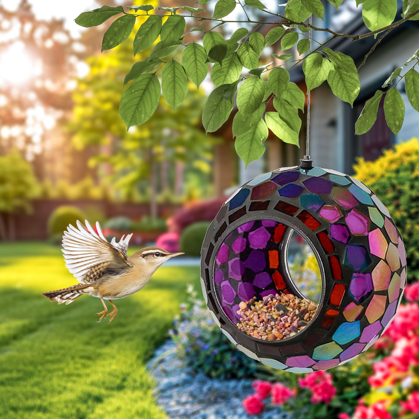 Round Mosaic Fly-Through Hanging Bird Feeder - 6 in - Purple