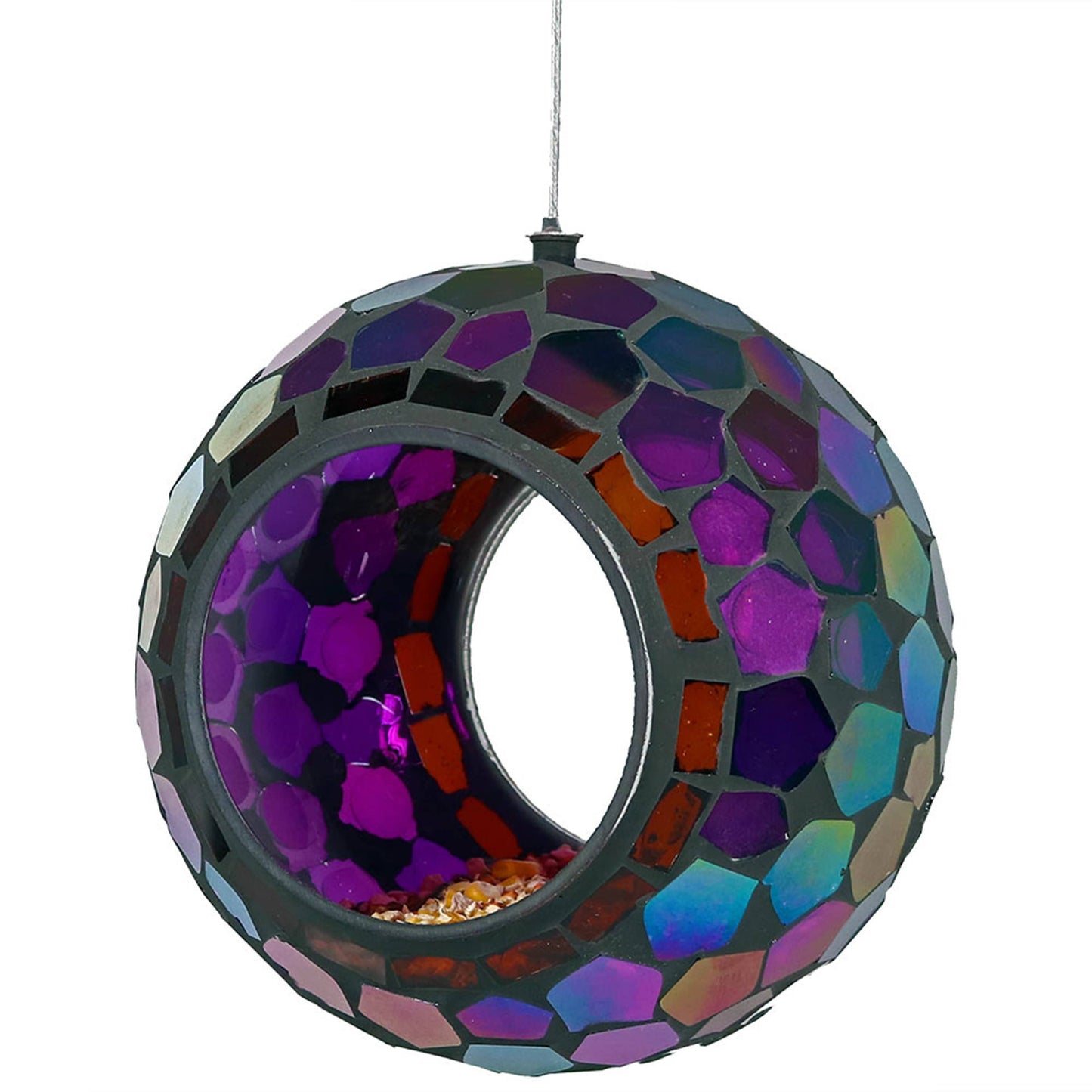 Round Mosaic Fly-Through Hanging Bird Feeder - 6 in - Purple