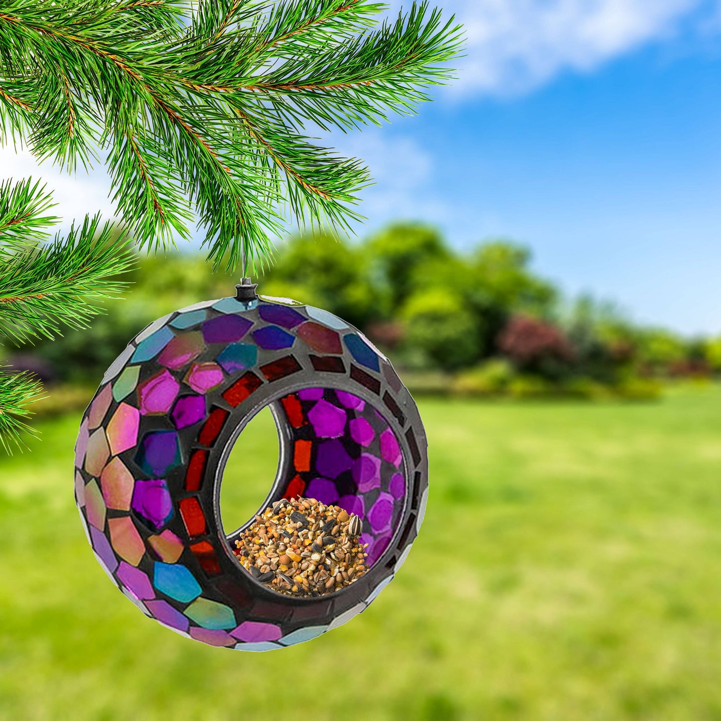 Round Mosaic Fly-Through Hanging Bird Feeder - 6 in - Purple