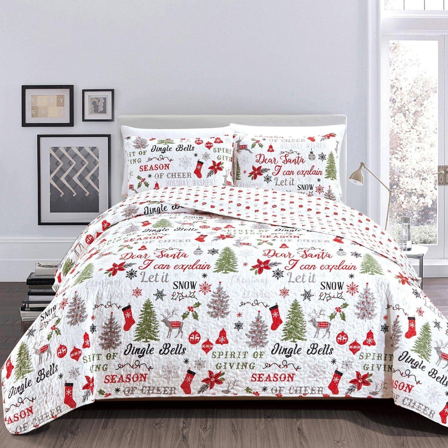 Holiday 3 Piece Quilt Set - Carol Collection: Full / Queen / Holiday Wishes