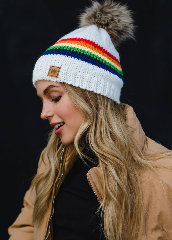 Load image into Gallery viewer, White &amp;amp; Rainbow Striped Pom Hat
