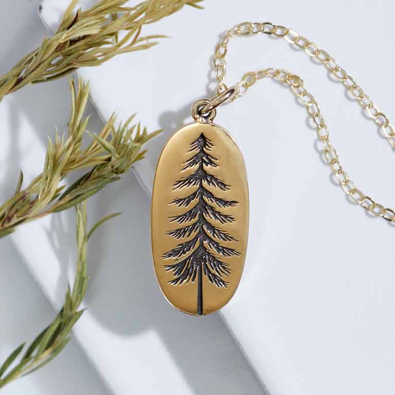 Load image into Gallery viewer, 18 Inch Oval Pine Tree Necklace: Bronze/Gold Filled
