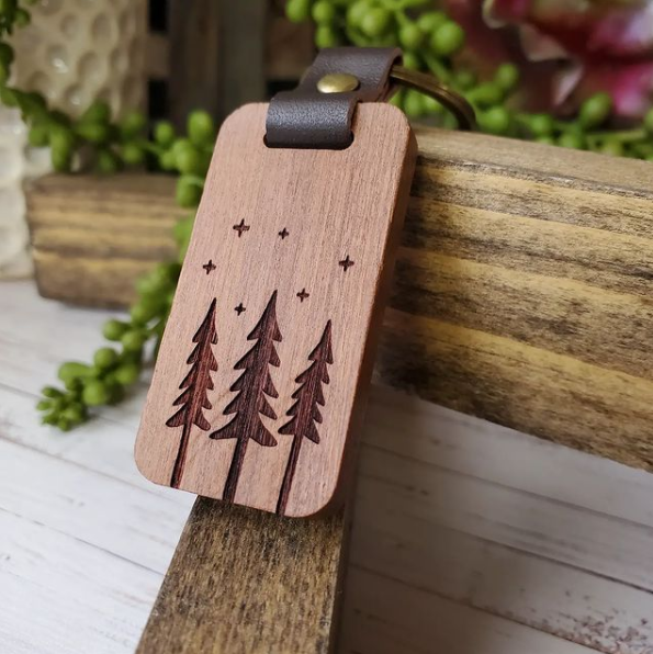 "The Woods"  San Bernardino National Forest Wood and Leather Keychain -