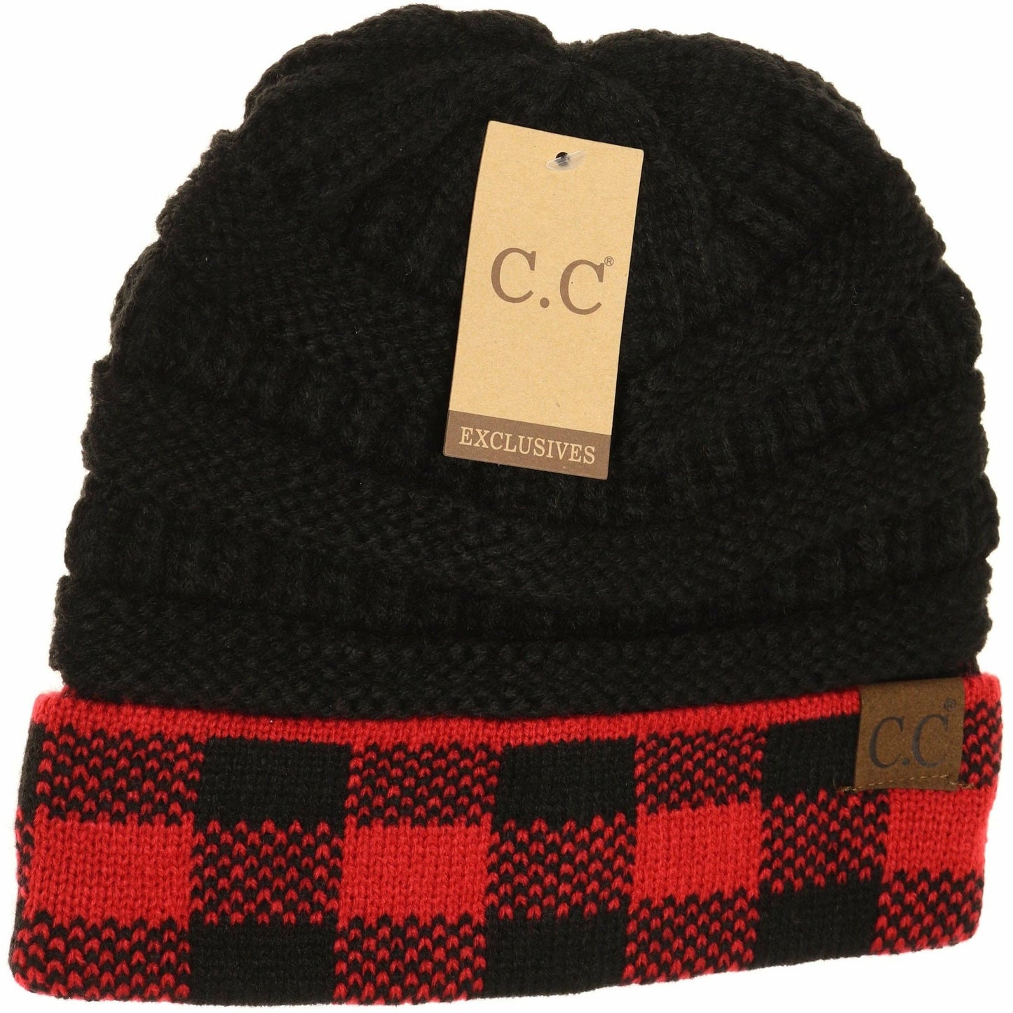 Load image into Gallery viewer, Buffalo Check Knit CC Beanie HAT82: Red/Black

