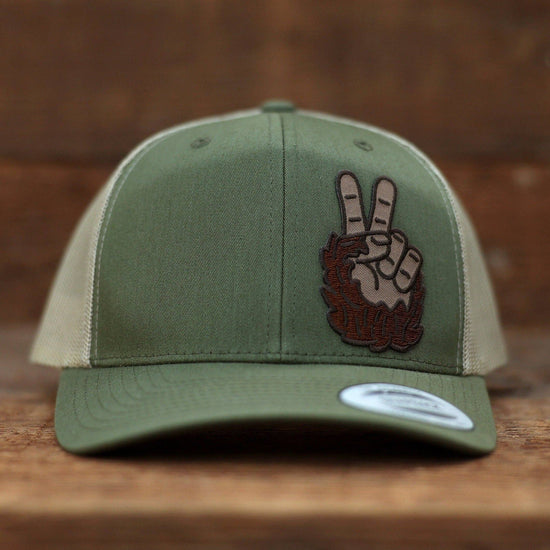 Load image into Gallery viewer, Bigfoot Peace | Left Side Patch | 6 Panel Trucker Hat with embroidered Sasquatch Peace Patch
