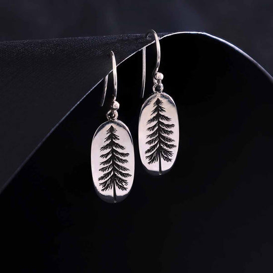 Load image into Gallery viewer, Sterling Silver Oval Pine Tree Dangle Earrings 34x10mm
