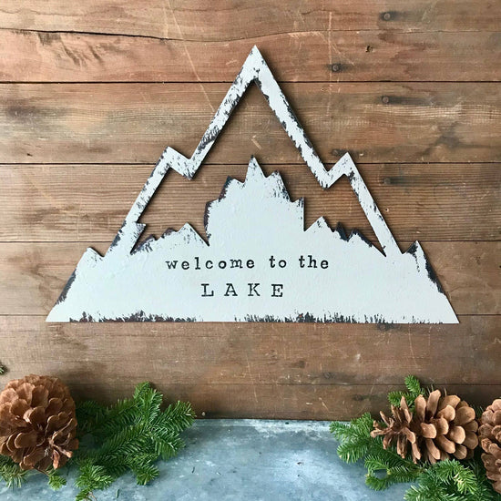 "Welcome to the Lake" Mountain Shaped Sign